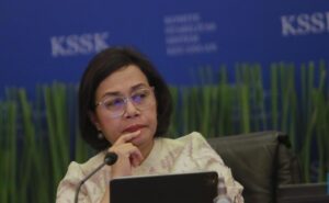 Menteri Keuangan, Sri Mulyani dalam acara Konferensi pers Hasil Rapat Berkala KSSK I Tahun 2024 di Kementerian Keuangan, Selasa (30/1/2024)